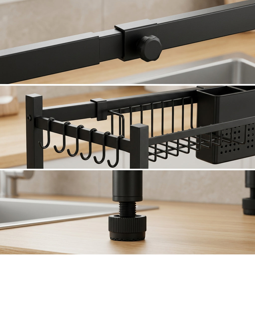 Zelam Expandable Over-Sink Dish Rack 65-95 cm with Utensil Holder Black - Detail view