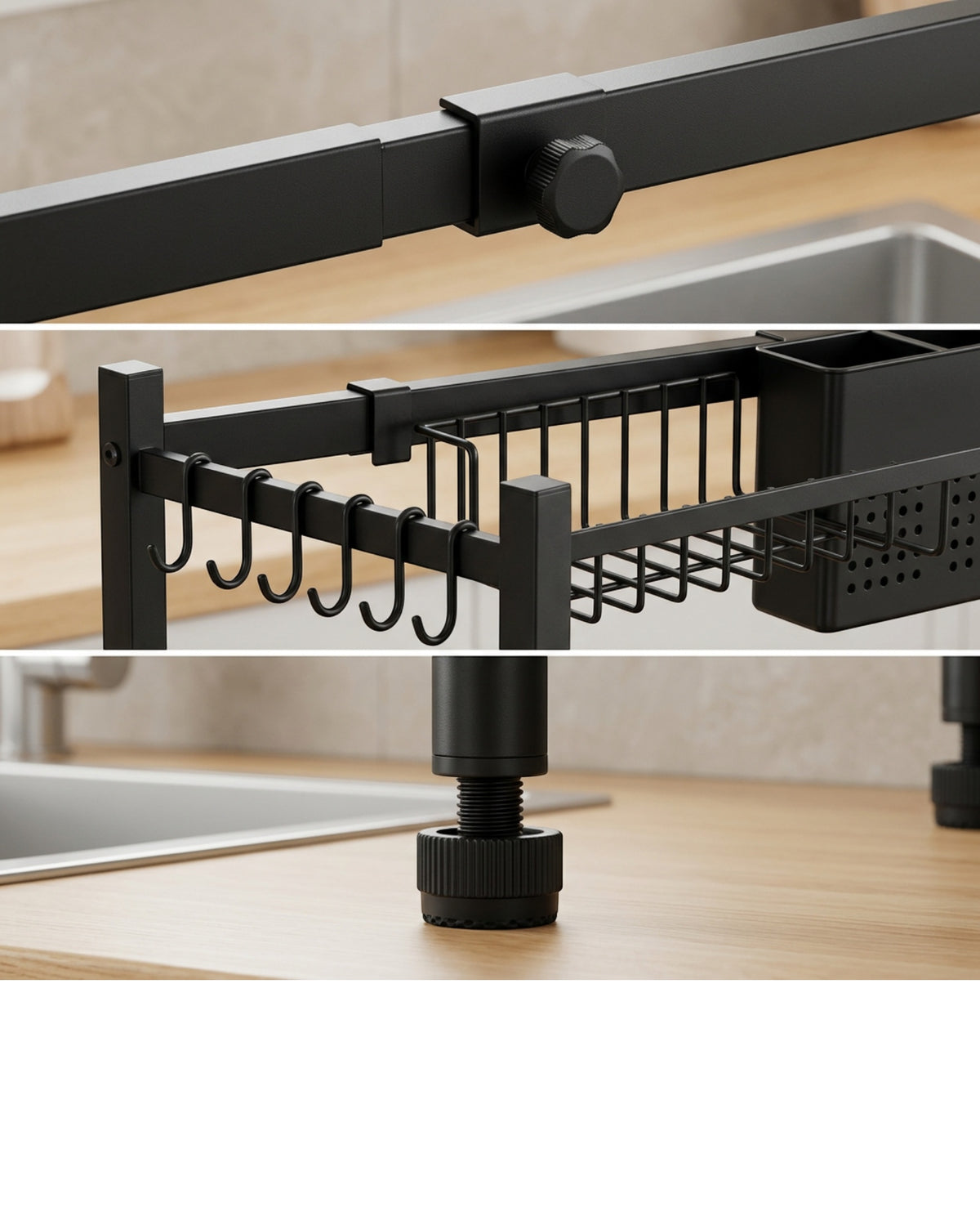 Zelam Expandable Over-Sink Dish Rack 65-95 cm with Utensil Holder Black - Detail view