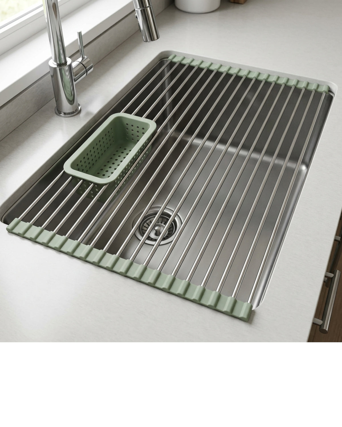 Zelam Roll-Up Over-Sink Drying Rack 52 x 33 cm with Basket Sage - Lifestyle view