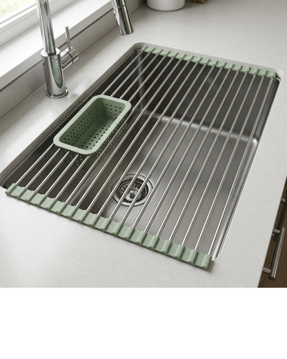 Zelam Roll-Up Over-Sink Drying Rack 52 x 33 cm with Basket Sage - Lifestyle view