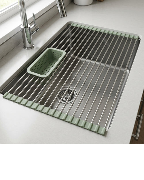 Zelam Roll-Up Over-Sink Drying Rack 52 x 33 cm with Basket Sage - Lifestyle view