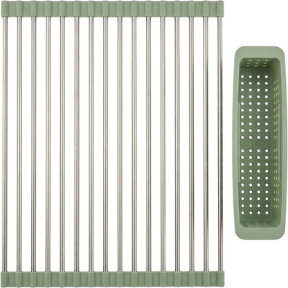 Zelam Roll-Up Over-Sink Drying Rack 52 x 33 cm with Basket Sage - Product view