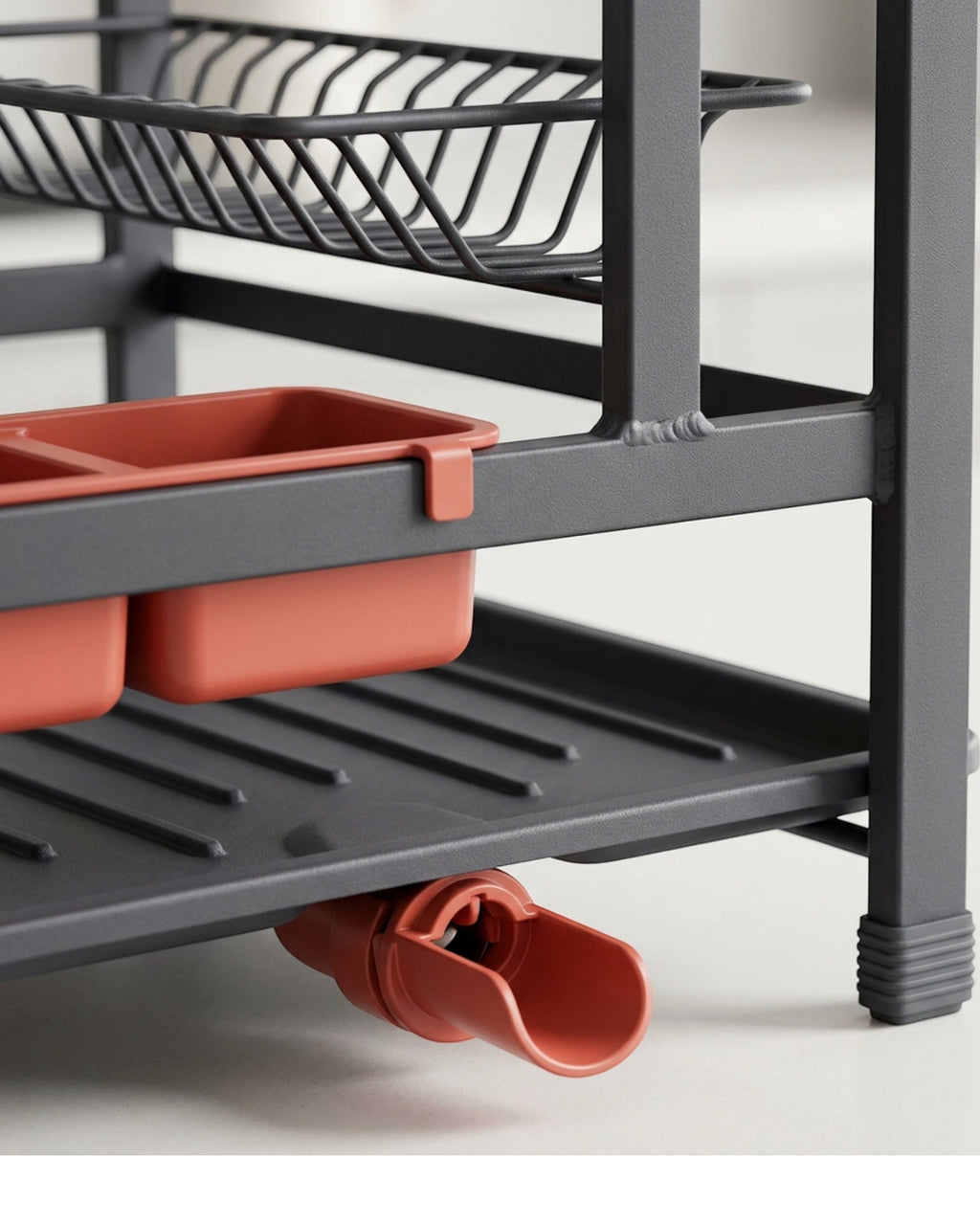 Zelam Two-Tier Dish Drying Rack with Swivel Drain Spout Charcoal and Coral - Detail view