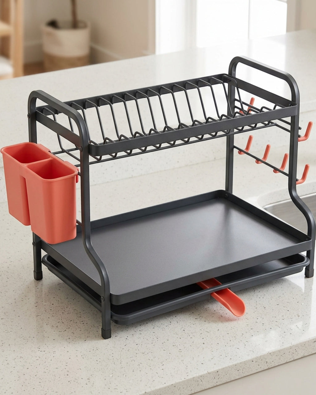 Zelam Two-Tier Dish Drying Rack with Swivel Drain Spout Charcoal and Coral - Lifestyle view