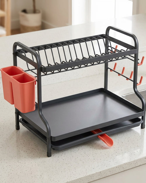 Zelam Two-Tier Dish Drying Rack with Swivel Drain Spout Charcoal and Coral - Lifestyle view