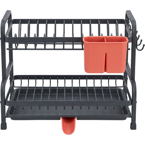 Zelam Two-Tier Dish Drying Rack with Swivel Drain Spout Charcoal and Coral - Product view